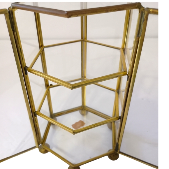 Vintage Glass Curio Cabinet Mini Brass Octagon 70s 80s Jewelry Trinket Box - Picture 15 of 16